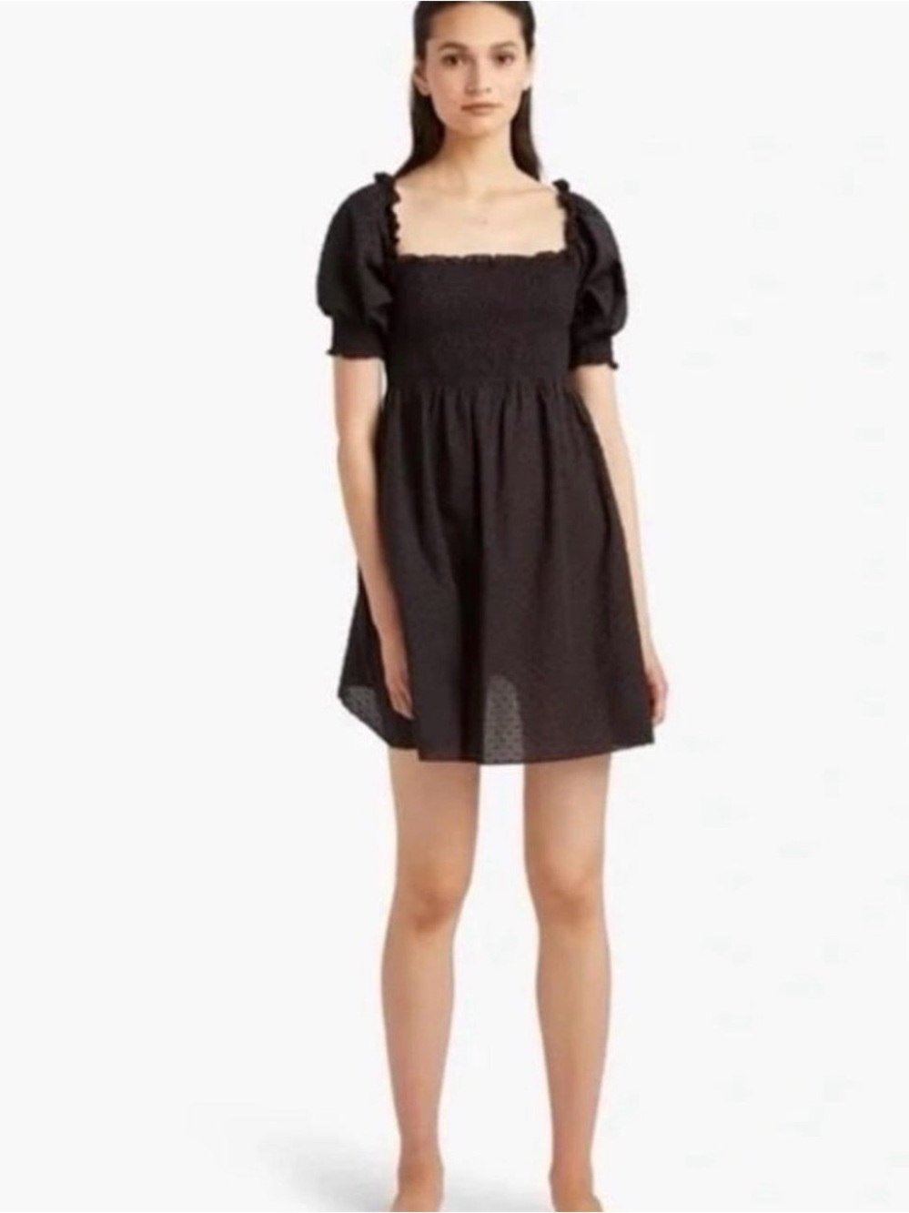 Hill House Black Smocked Bodice Puff-Sleeve Mini Dress